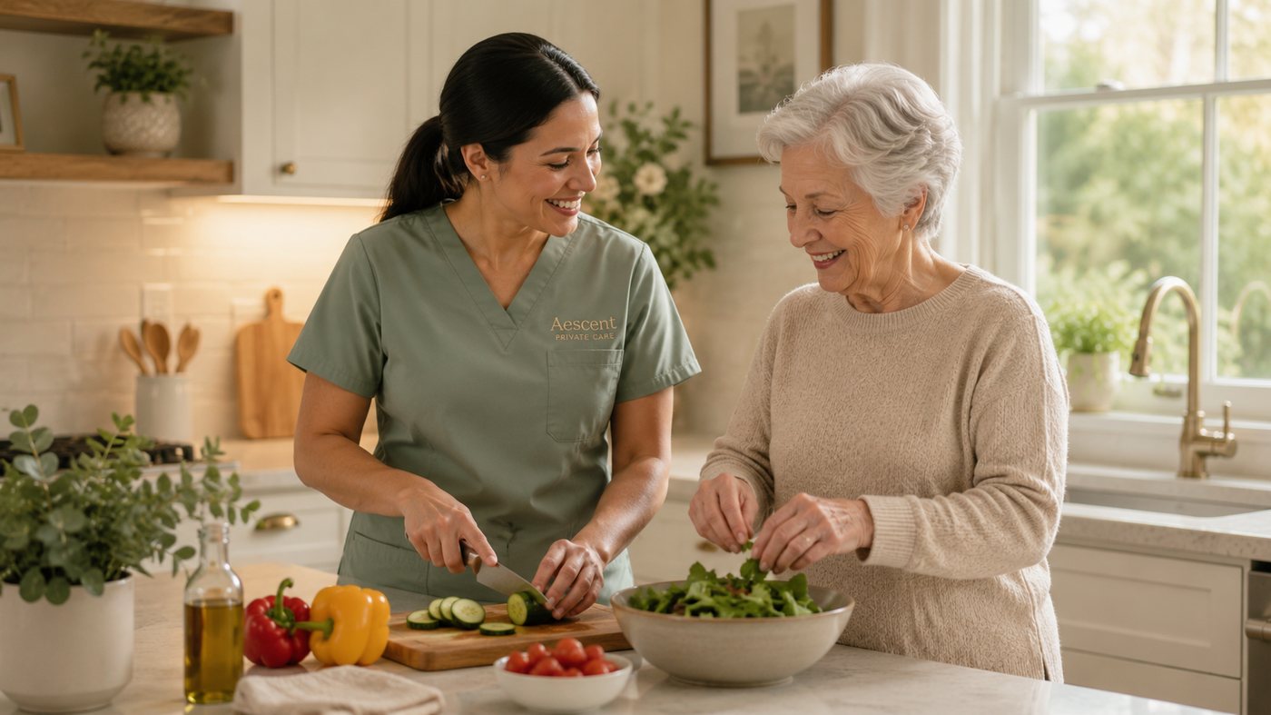 Aescent Private Care caregiver preparing a meal with a senior client at home.