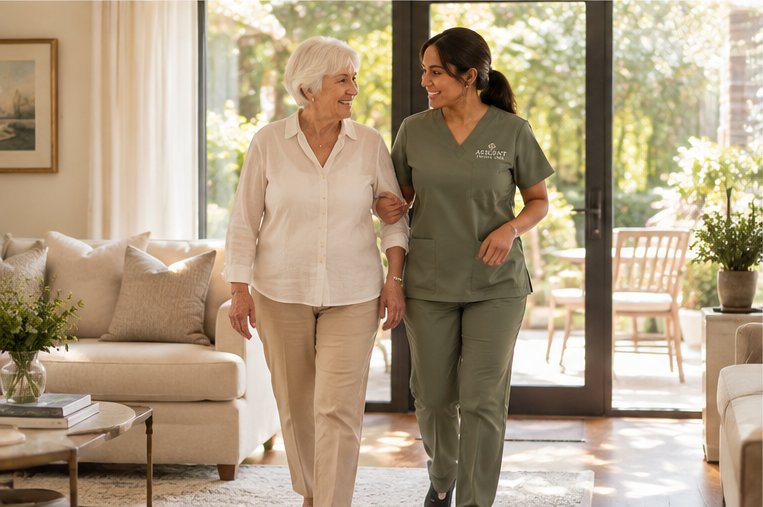 Aescent caregiver walking alongside a client outdoors.