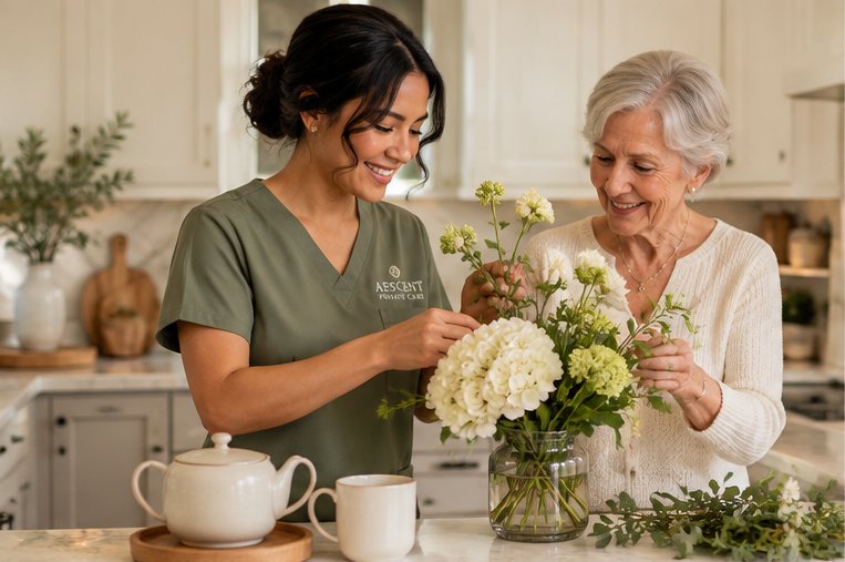 Aescent caregiver and client arranging fresh flowers together at home.