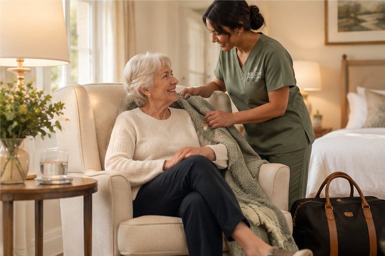 Aescent caregiver helping a client get comfortable at home after a hospital stay.